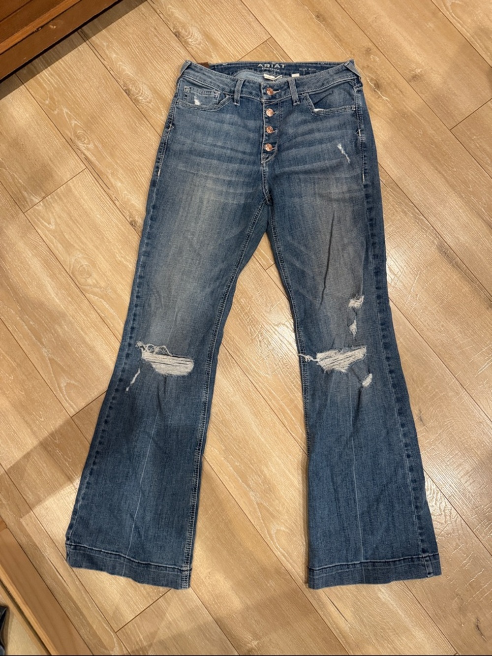 Ariat Women's Distressed Wide Leg Jeans - Blue Denim